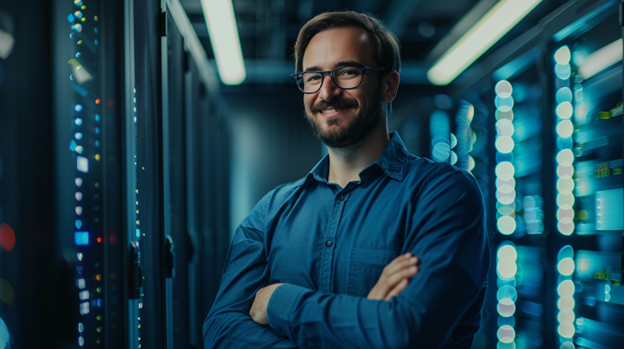 Man standing in a data center, representing comprehensive small business IT support services