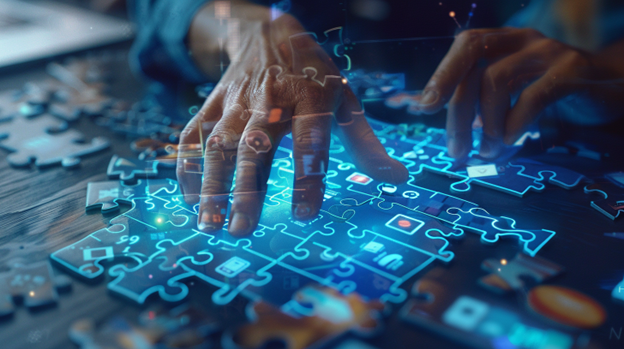 Hands arranging puzzle pieces, symbolizing the integration of IT strategy consulting into business functions