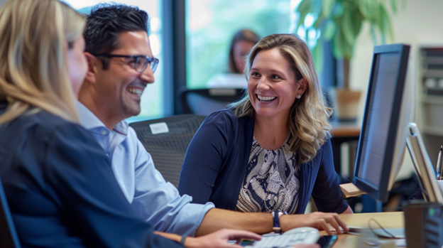 Three colleagues smiling while gathered around a computer, reflecting positive IT governance collaboration