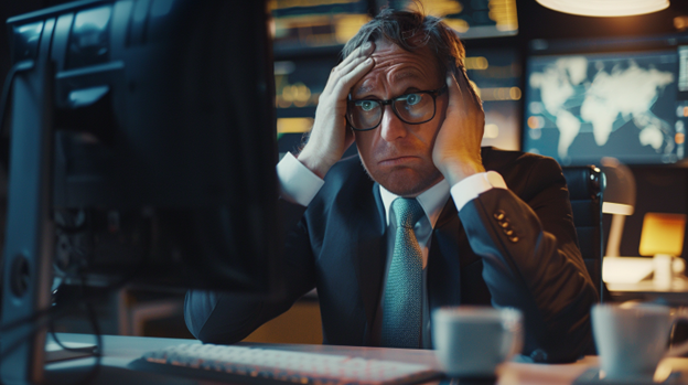 Man looking frustrated at a computer, highlighting IT governance challenges