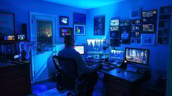 Bright, modern home office space with a person working at a desk and on video call, multiple screens showing, well-lit, photorealistic style