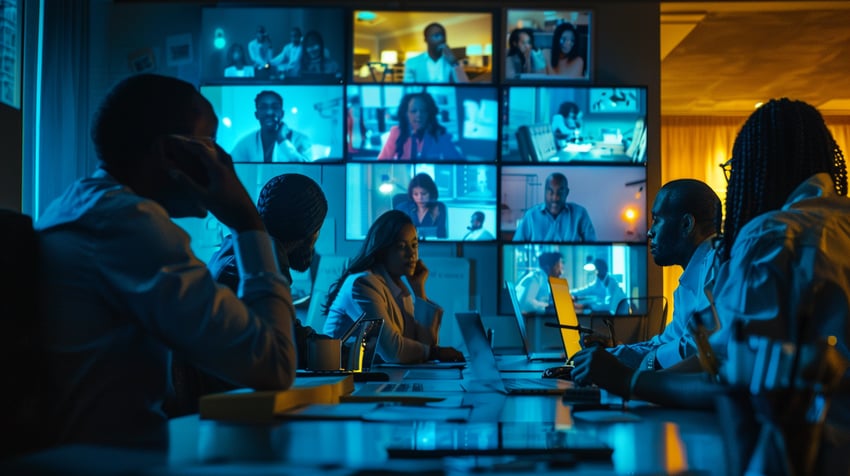 Person interacting with a large touchscreen displaying various collaboration tool icons and workflows
